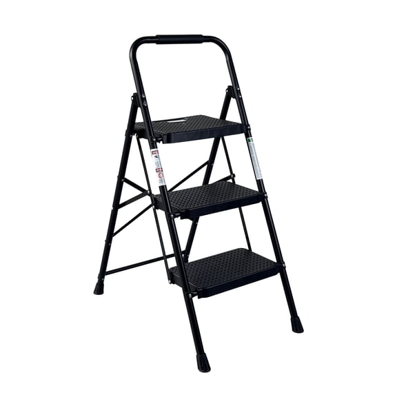 3-Step Folding Ladder with Wide Anti-Slip Pedals and Sturdy Steel Frame, Lightweight Step Stool for Home and Garage, Black