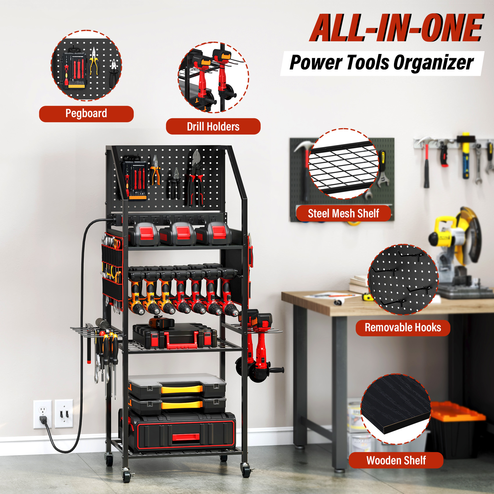 TC-HOMENY Movable Power Tool Organizer Cart w/ 8 Outlets Charging Station, 24 Power Drill Tool Battery Storage Rack for Garage, 3-Tier Tools Organizer with Pegboard, Festive Gifts for Men Dads Father