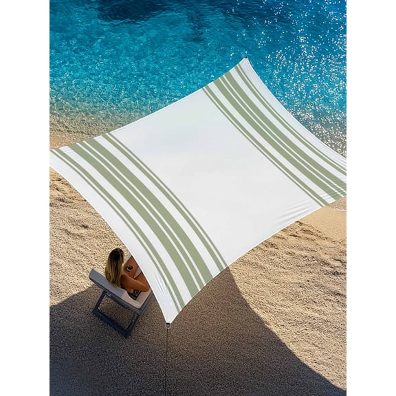 Sage Green and White Striped Sun Shade Sail 12' x 16', Modern Minimalist Vertical Lines Rectangle Outdoor Sunshade Canopy, Waterproof UV Block Patio Covers for Garden Yard Beach