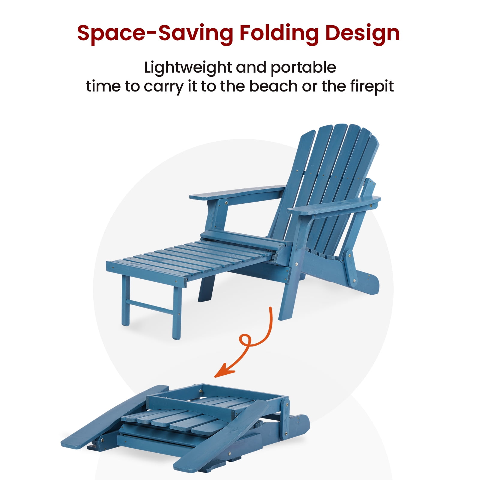 Easy4Home Larger Wooden Adirondack Chair Folding Patio Chair with Retractable Ottoman, Dark Blue