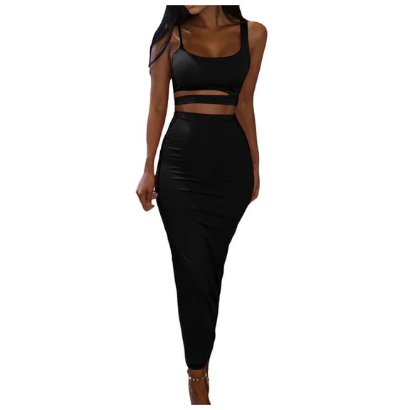 2 Piece Outfit Maxi Dress for Women Summer Deep U Neck Sleeveless Tank Crop Tops Long Skirt Set Party Bodycon Dresses Black L