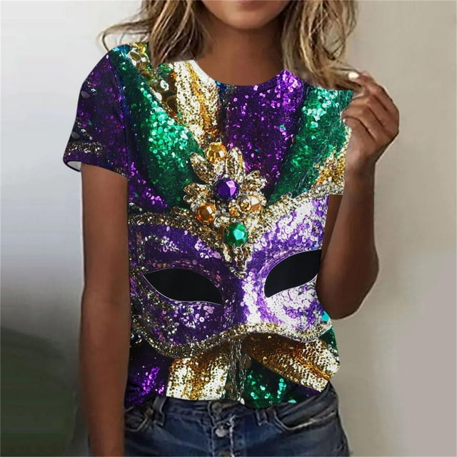 Ounisa 2025 Womens Short Sleeve Tops Mardi Gras Costumes Fashion Round Neck Color Printed Blouse