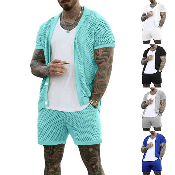Hinvhai Men's knitted crochet short sleeved shorts two-piece set, street retro spring/summer hollow button shirt set White 10(XL)