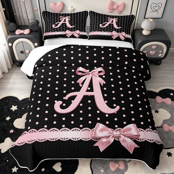 Manfei Letter A Print Quilt Full,Pink Dreamy Bow Full Bedspread Sets,3pcs,1 Coverlet and 2 Pillowcases