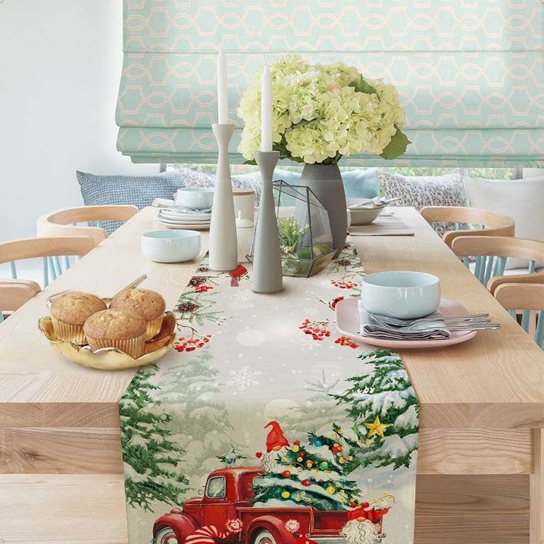 Jbralid Christmas Linen Table Runner, 72 Inch - Xmas Tree Elk Snowflake Red Checkered Farmhouse Holiday Decor