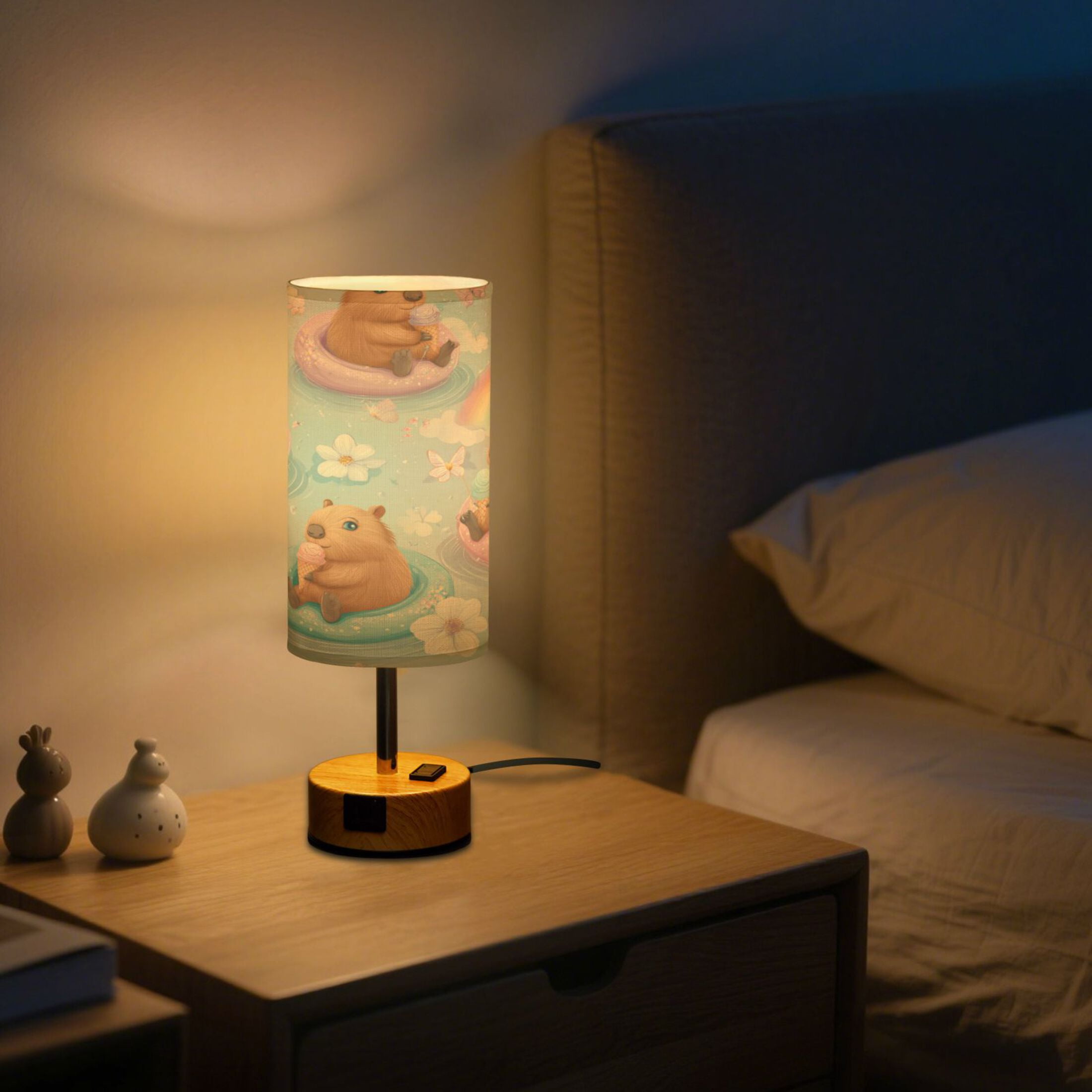 Touch-Control 3-Color Desk Lamp with Plug – Energy-Saving LED + 3 Simultaneous Charging Ports Capybaras Eating Ice Cream