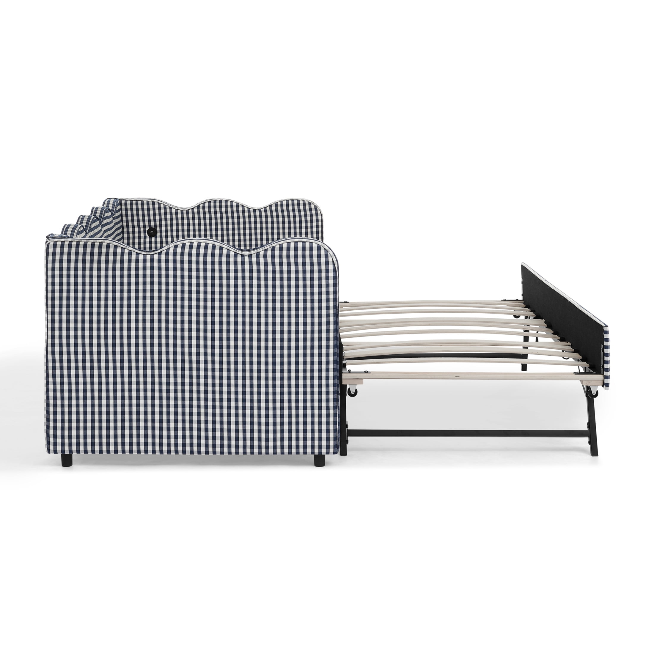 Noble House Wesley Twin Size Waved Daybed, Cozy Gingham Linen Sofa Bed with Twin Trundle and Charging Port, Navy Blue