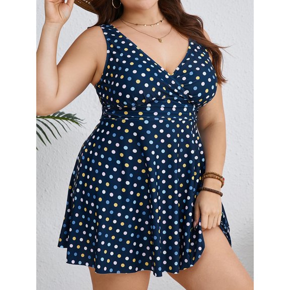 SKQIT Plus Size Colorful Polka Dot Sleeveless Skirted One Piece Swimsuit, Wrap V Neck Tummy Control Conservative Swim Dress for Curvy Women