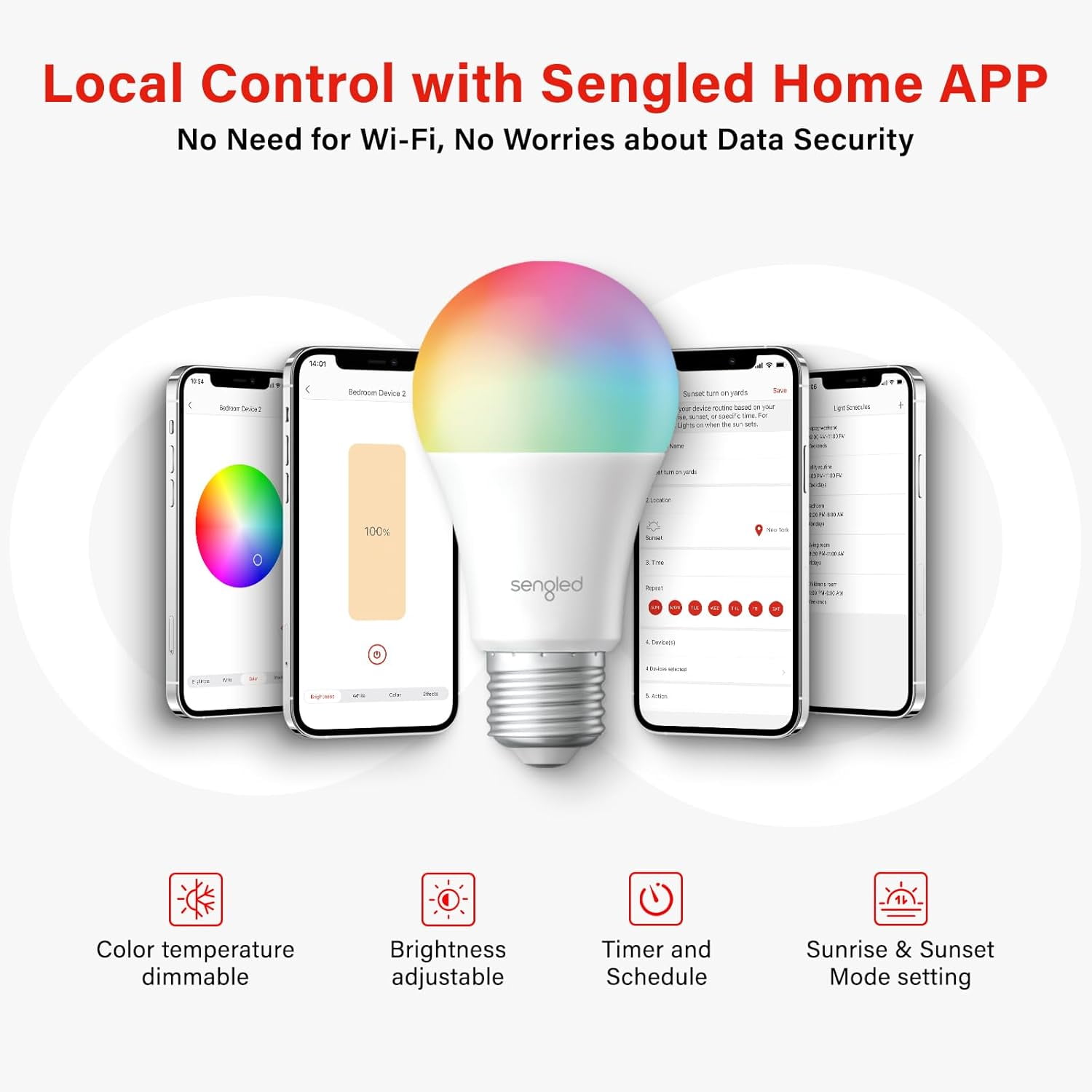 FEFEFW-Dual Mode Smart Light Bulbs with Remote & App Control, Color Changing Bulbs, RGBW LED Light Bulbs 2700K-6500K Dimmable, 60W, Local Group Control (4P No Remote, No Support Alexa & Google)