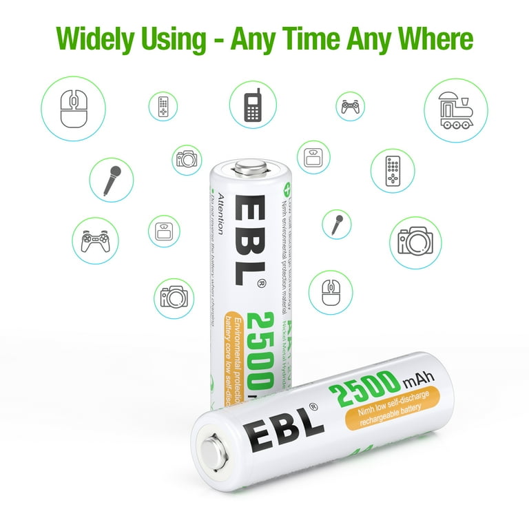 EBL Lot de 8 piles AA rechargeables NI-MH de 1,2 V 2500 mAh : :  High-tech