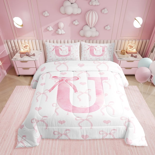 Erosebridal Ensemble de Literie Lettre Initiale U, Couette Simple, Couette d'Amour avec Nœud de Rêve, Décor Romantique Girly, Réversible