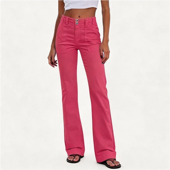 Mifsaly Women High Waist Flare Pants Straight Leg Casual Work Office Pants Slim Fit Everyday Fashion Trousers with Pockets Hot Pink,M