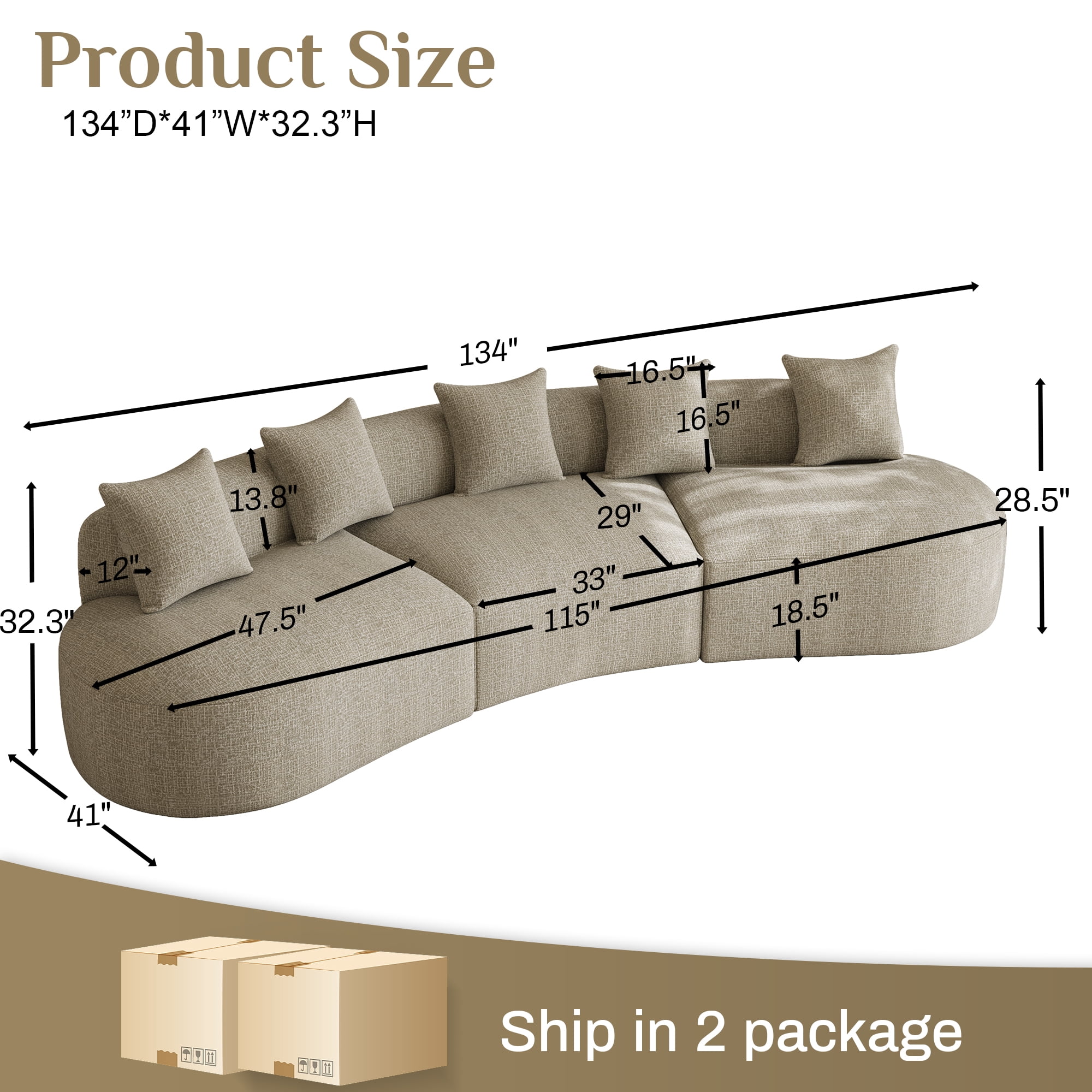 Wiilayok Modern Chenille Sofa,Curved Sofa with Deep Seat,Cloud Compression Sofa Couch for Living Room,No Assembly,Light Brown