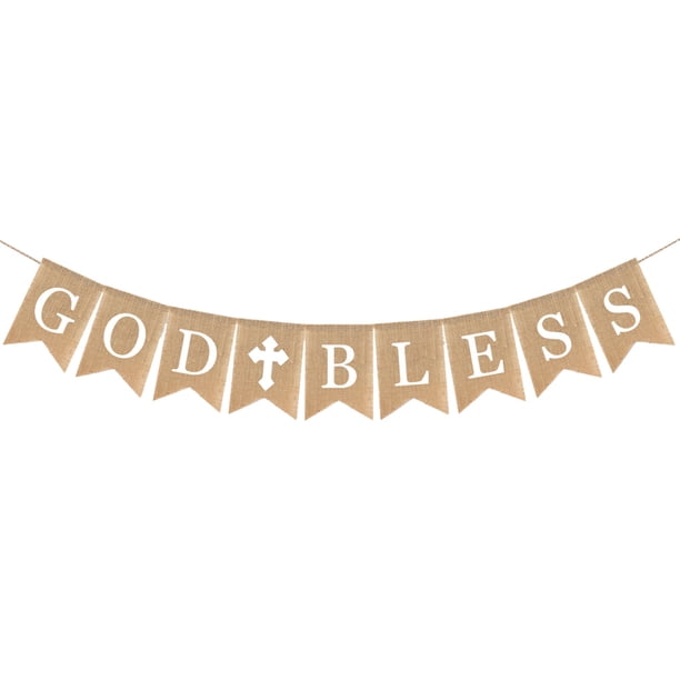 Pancarta de arpillera Dios bendiga Bautismo Pancarta rústica Guirnalda Bautizo Comunión Suministros para fiestas con cruz blanca (blanco)