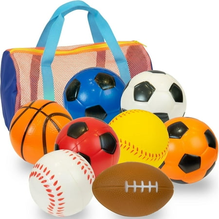 Kiddie Play 8 Foam Balls for Kids Soft Toddler Balls - Soccer Basketball Baseball Football Tennis with Carry Bag Indoor Outdoor Sports Toys for Baby