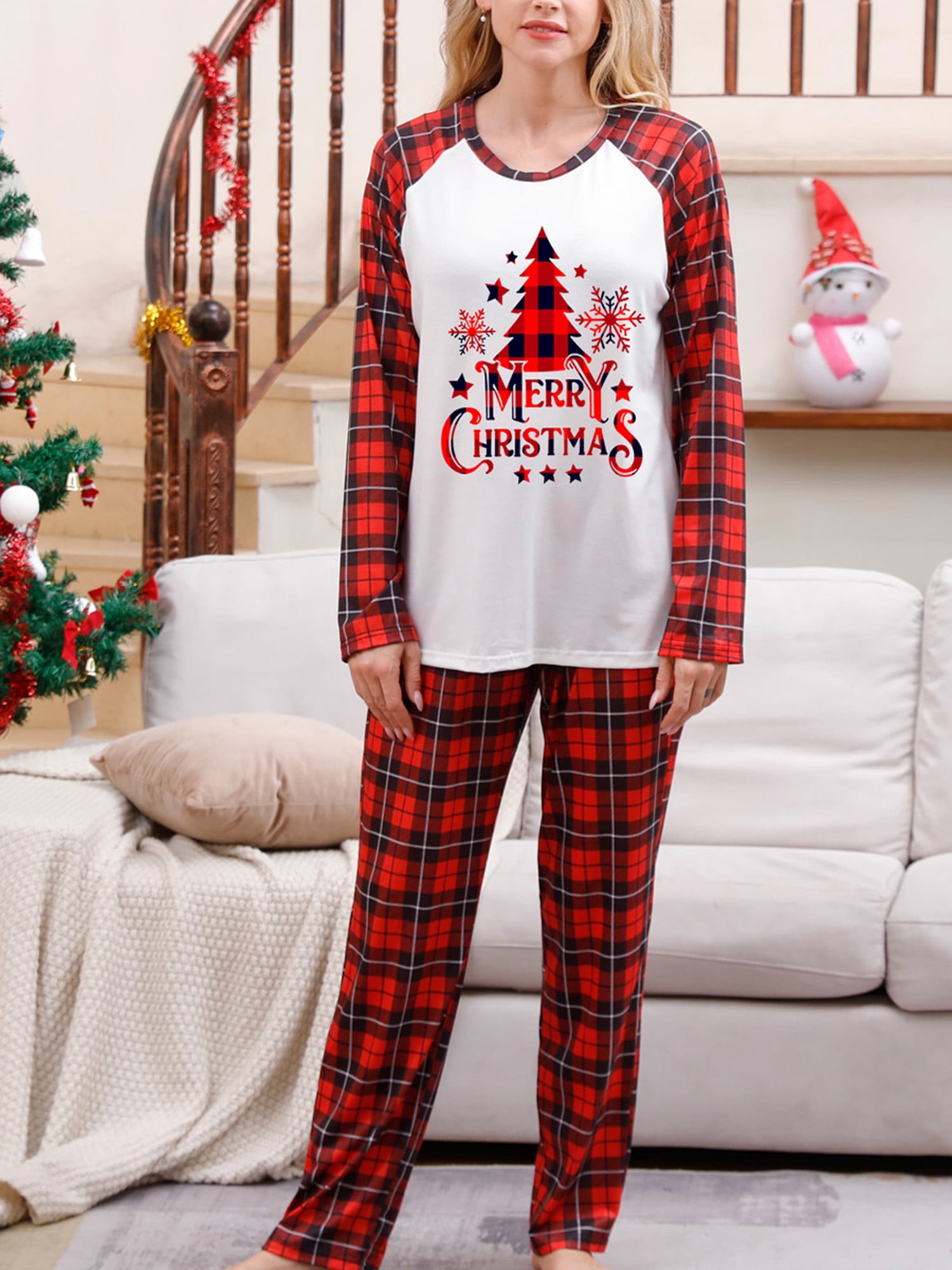 Christmas Pajamas for Family Long Sleeve Snowflake Tree Print Tops + Plaid Pants Set Winter Sleepwear