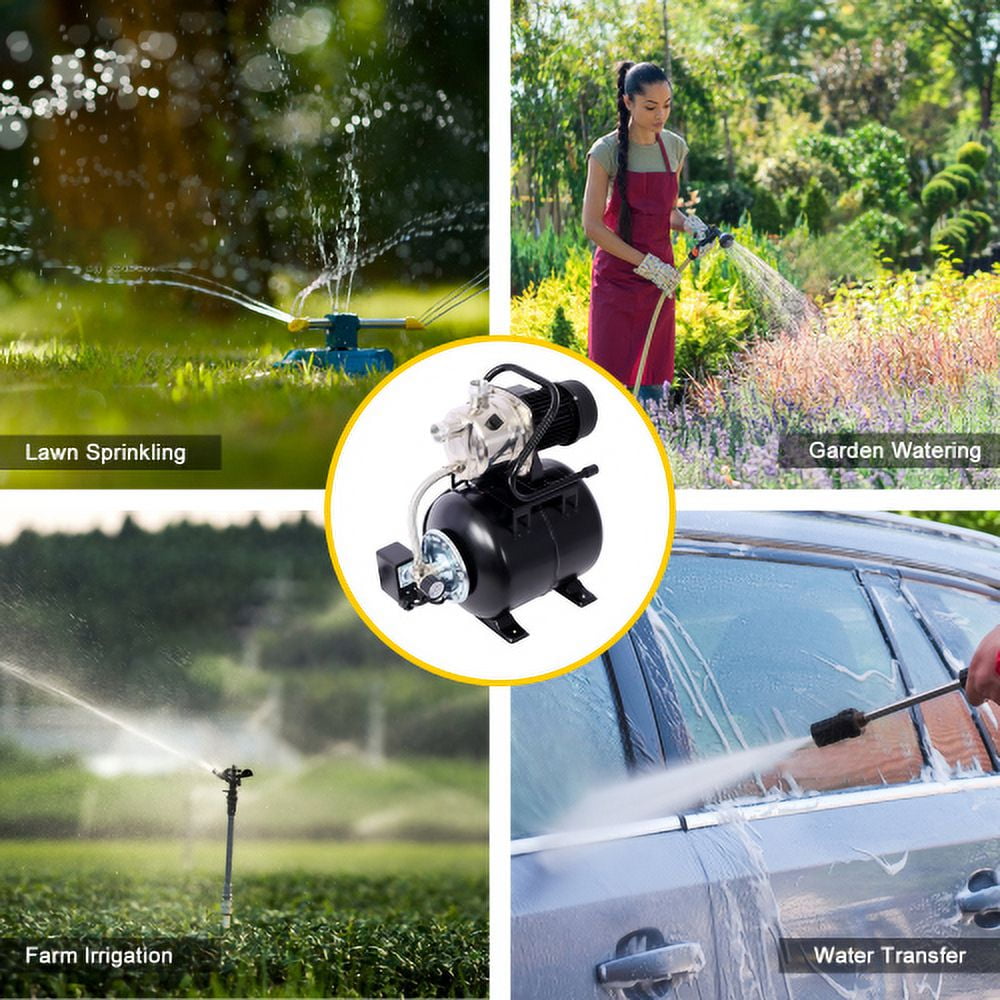 black 1.6 HP Shallow Well Pump with 5-Gallon Pressure Tank, Automatic Garden & Irrigation Water Pump, Stainless Steel Head, 1000 GPH, for Home Lawn Farm