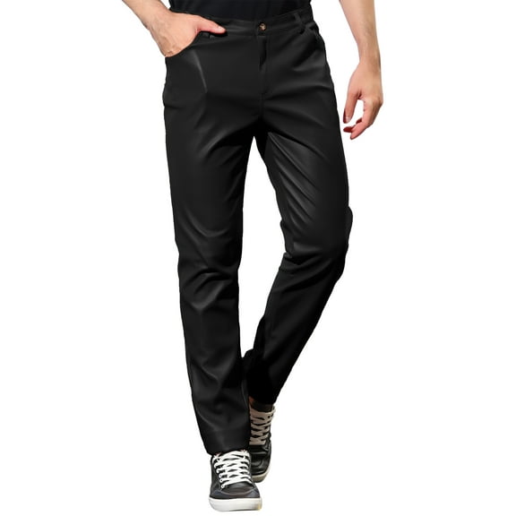INSPIRE CHIC Men's Pants Faux Leather Slim Fit Zip-Fly Solid Pants 30 Black