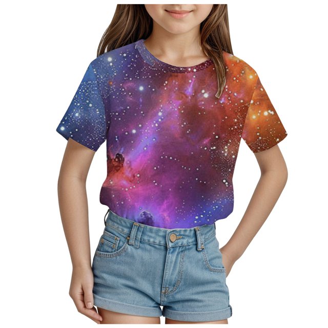 2DXuixsh Vêtements d'Été pour Filles T-Shirt Mignon Hauts Juniors T-Shirts Graphiques pour Adolescentes Mode Ciel Cosmique Imprimé Manches Courtes T-Shirt Col Rond Imprimé Hauts d'Été Rose Vif Taille 110