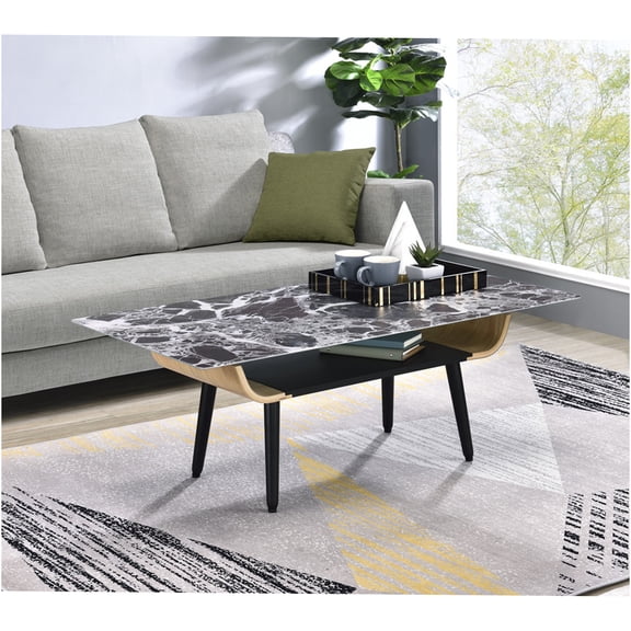 JERFIT Modern 47 inch Coffee Table with Marble Glass Top, Curved Wood Base and Storage Shelf for Living Room