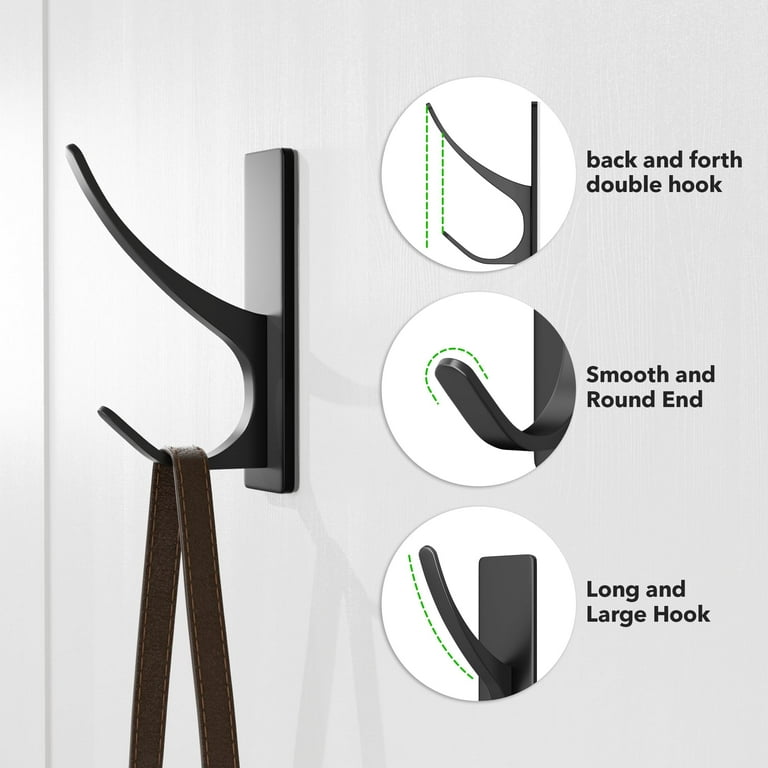 Self Adhesive Coat Hooks for Hanging, Heavy Duty Stainless Double Wall Hook for Towel, Backpack, Hat, Sturdy Metal Hanger for Bathroom, Bedroom, Door