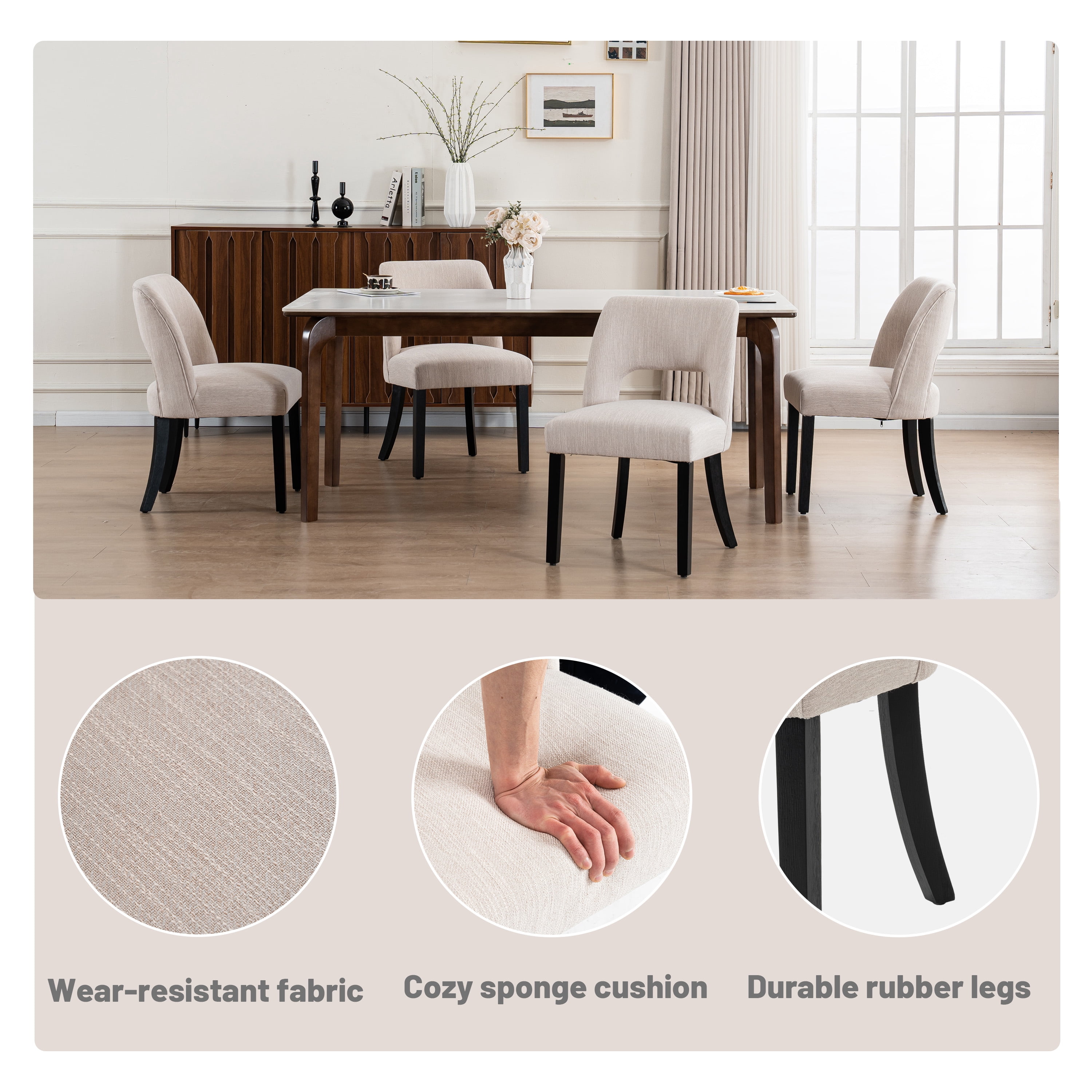 Vknow Furniture Wooden Dining Chairs Set of 2, Modern Fabric Upholstered Dining Room Chair Kitchen Chairs, Farmhouse Dinner Chair for Kitchen Dining Room, Beige
