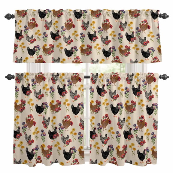 Farmhouse Rooster Kitchen Curtains Sets for Windows 36 Inch Length, Vintage Watercolor Flowers Beige Rod Pocket Window Treatments Tier Curtains and Valances Set for Bedroom/Bathroom