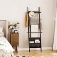 thumbnail image 2 of Blanket Ladder, 5-Tier Farmhouse Wooden Rack with Synthetic Leather Pocket, 4 Removable Hooks, Decorative Leaning Ladder Shelf, Black, 2 of 8