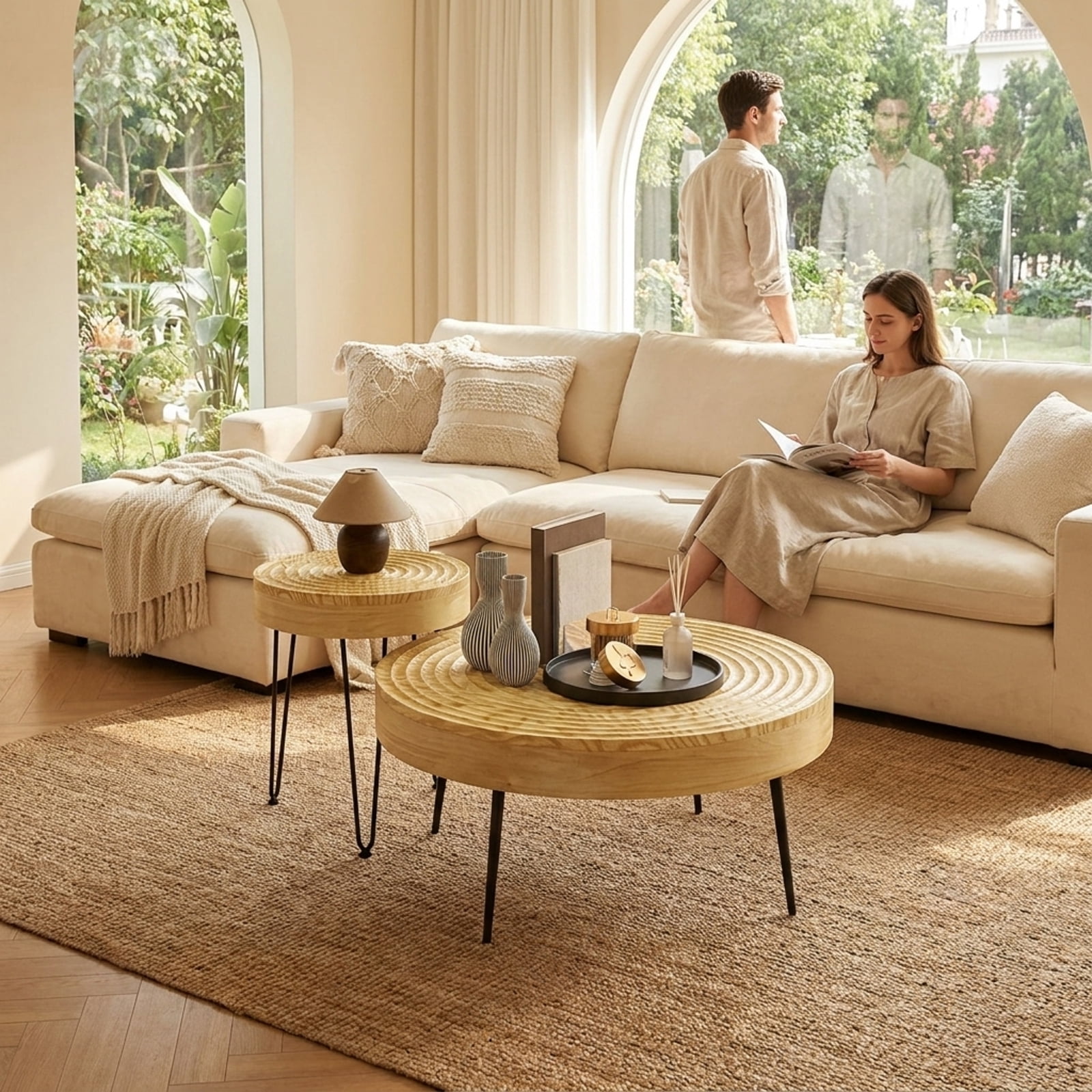 Furnibear Set of 2 Solid Wood Farmhouse Round Coffee Tables - Natural - Living Room Cocktail Center Table