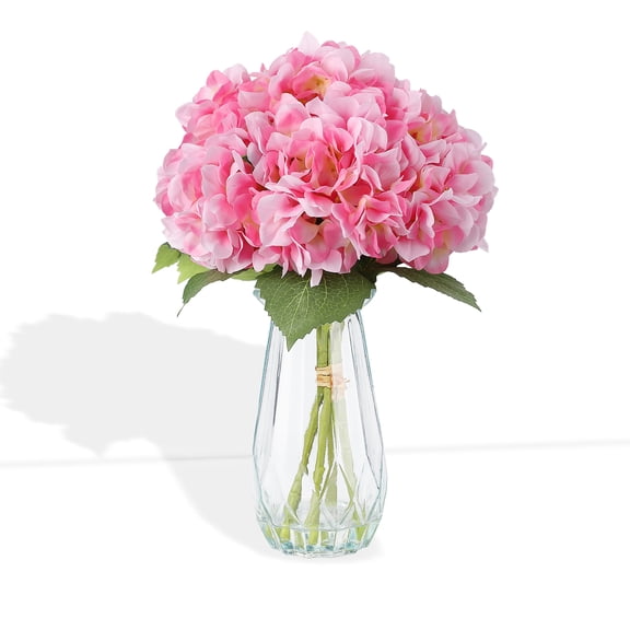 Artificial Pink Hydrangea Flowers Faux Bouquet with Glass Vase, Realistic Silk Floral Arrangement for Wedding Centerpieces Home Table Baby Shower Party Decor