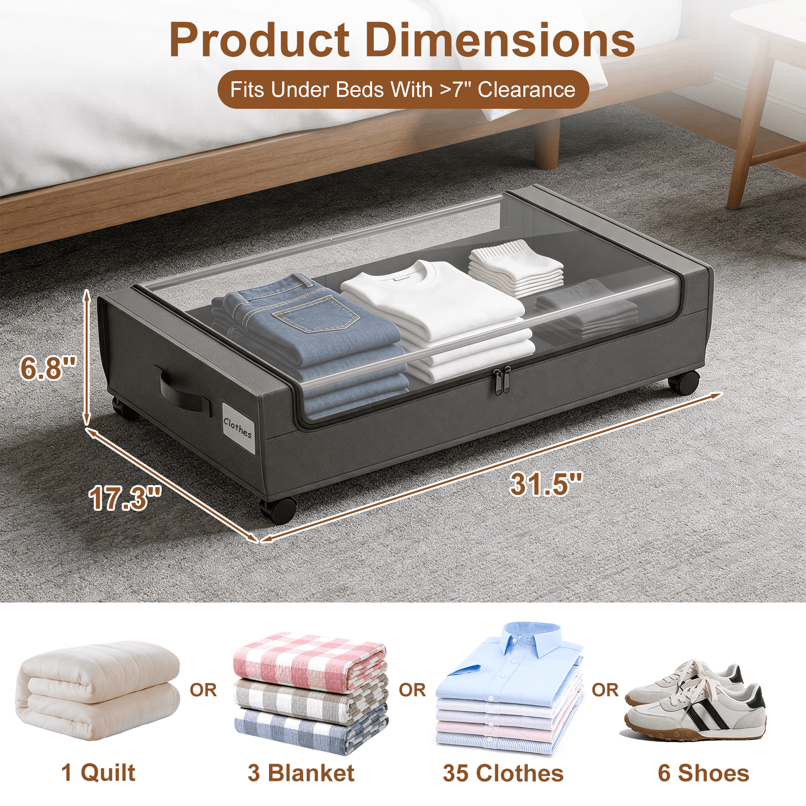 2-Pack Under Bed Storage with Wheels, Grey Under Bed Storage Containers, Underbed Shoe Storage Organizer, Rolling Under Bed Metal Drawers for Clothes, Blankets(31.5 x 17.3 x 6.8 in)