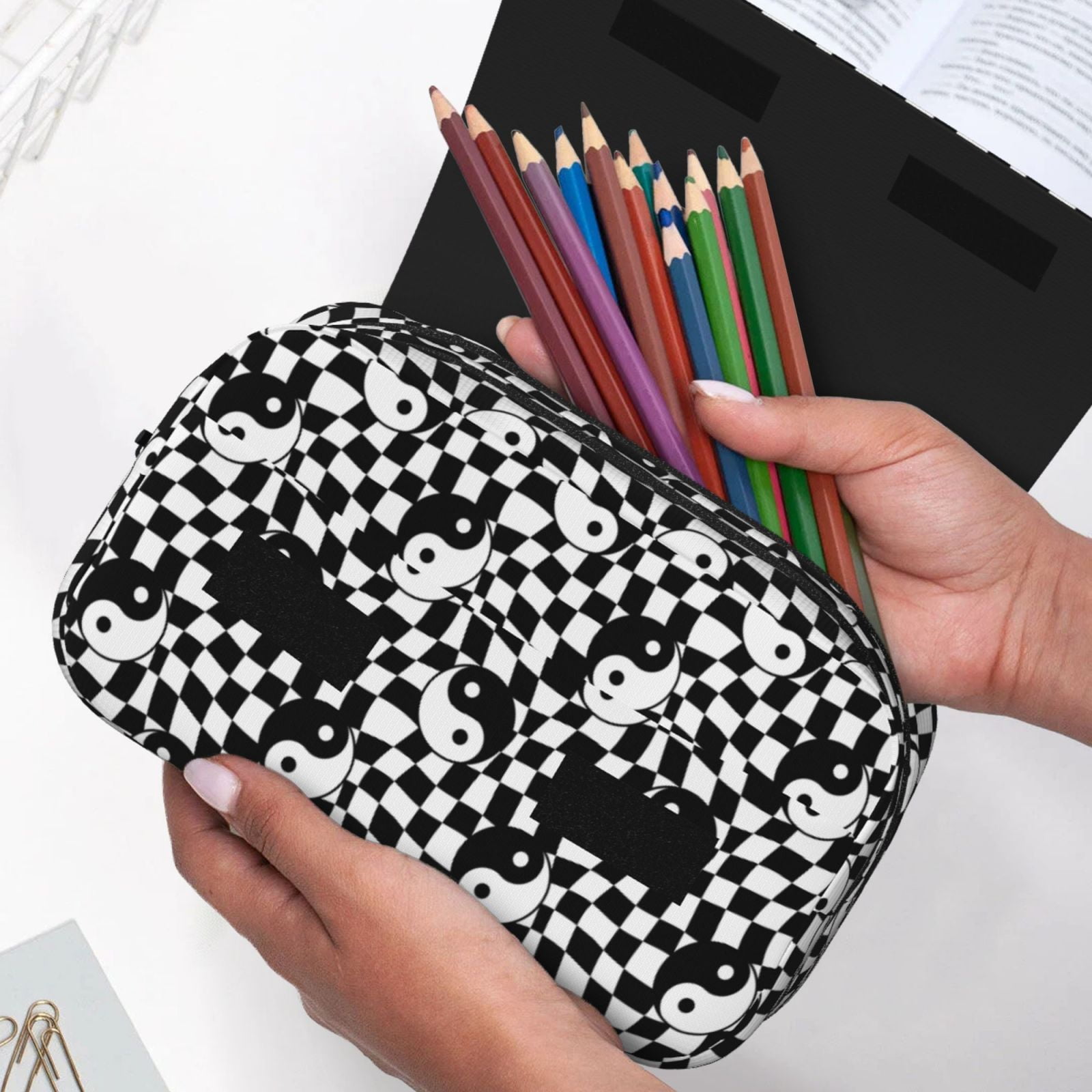 Rateoe Ying Yang Checkered Pattern Double Clamshell Pen Case, Storage Organizer with Two Zipper Compartments– Holds Up to 50 Pencils & Pens