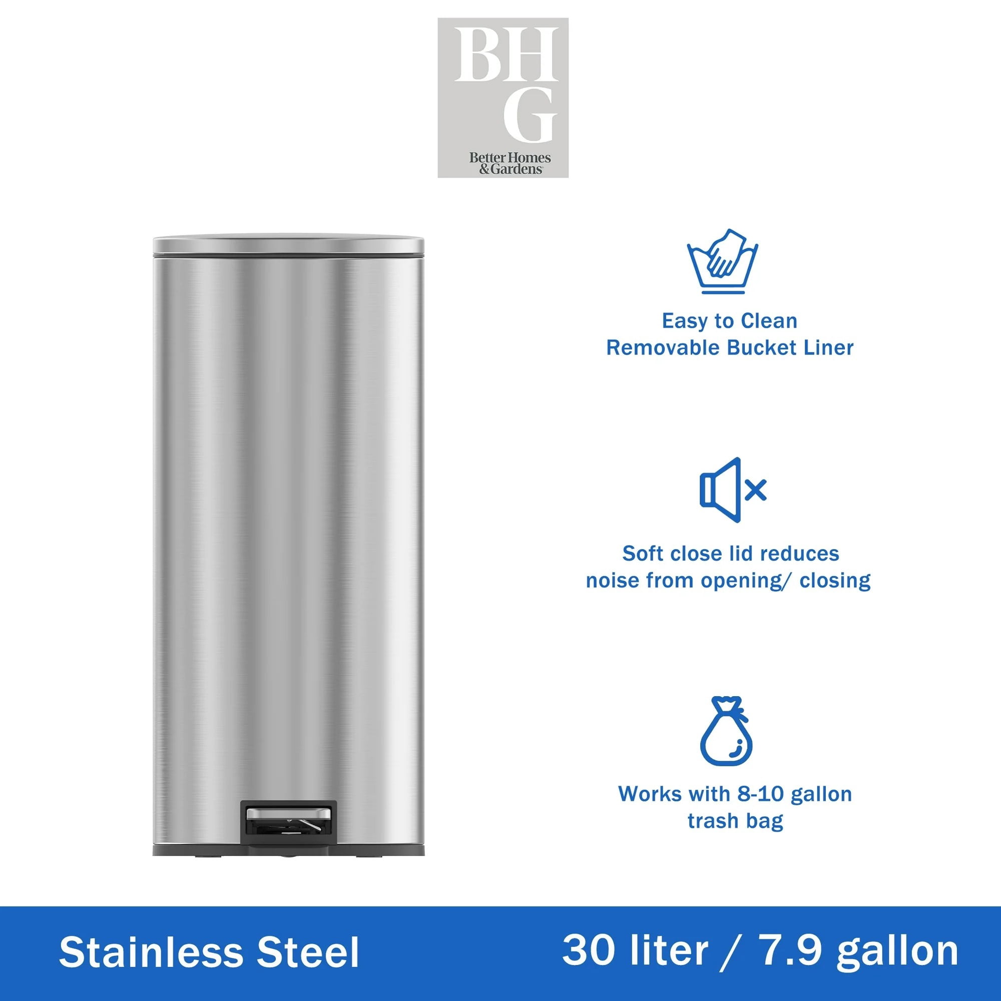 Better Homes & Gardens Kitchen Trash Can, 30 Litre Stainless Steel Round Step Garbage Bin with Soft Close Lid, Silver