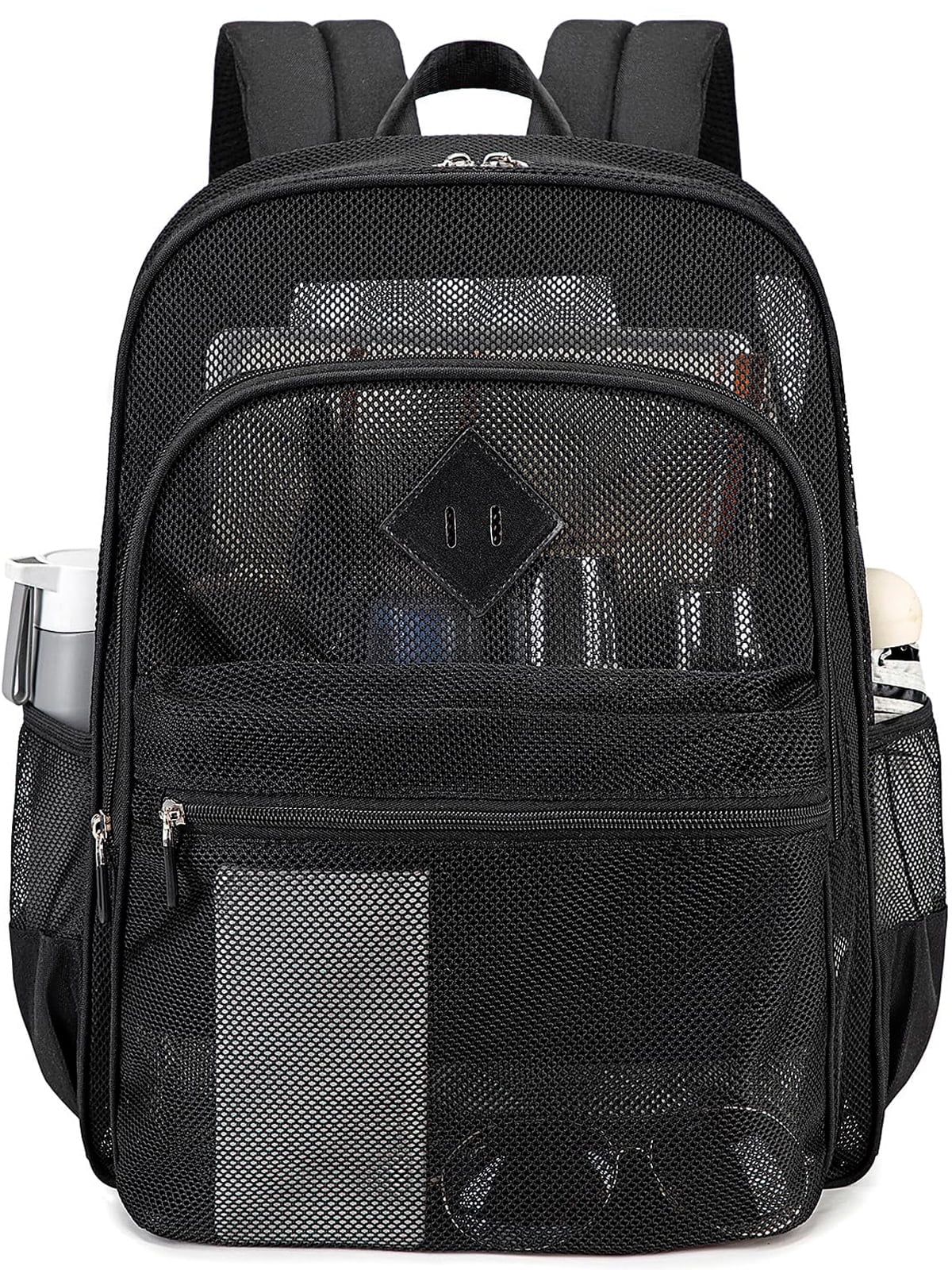 Soda Candy Mesh Backpack Heavy Duty See Through School Backpacks Transparent Bookbag Semi-Transparent Net Book Bags for Beach, Work, Black