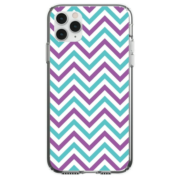 DistinctInk Clear Shockproof Hybrid Case for iPhone 11 Pro (5.8" Screen) - TPU Bumper, Acrylic Back, Tempered Glass Screen Protector - Purple Teal Chevron Stripes - Chevron Stripes Pattern