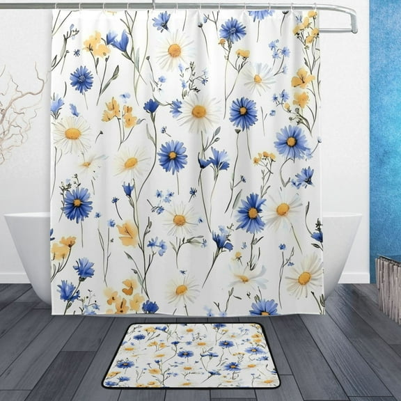 Bath Curtain & Non-Slip Bath Mat Set 12-Grommet Shower Curtain Memory Foam Bath Rug Blue and Yellow Wildflowers
