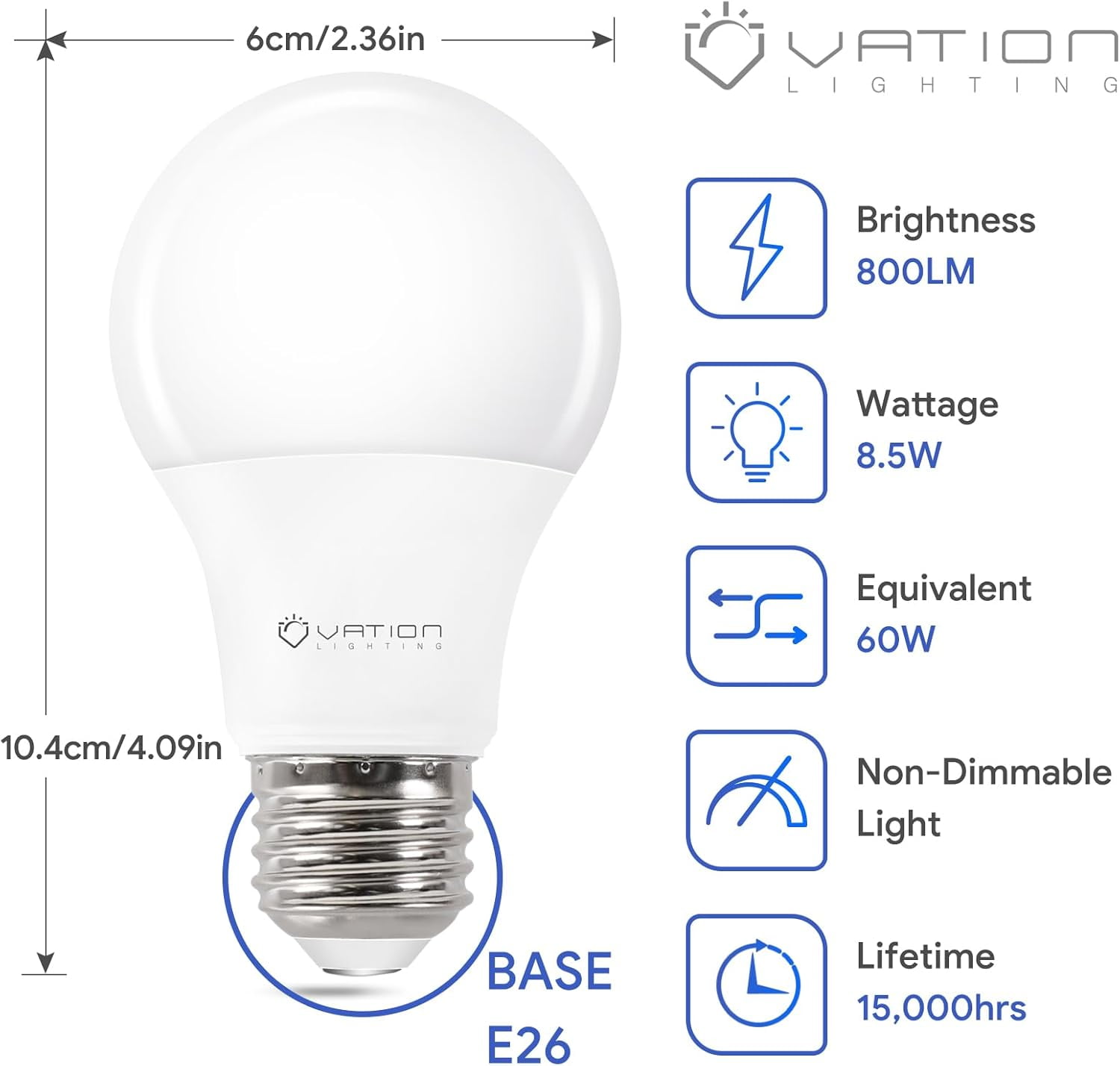 24 Pack A19 LED Light Bulb Daylight 5000K Bulbs, 60 Watt Equivalent, Efficient 8.5 Watt, 800 Lumens, E26 Medium Base, Non-Dimmable, ETL/UL Listed