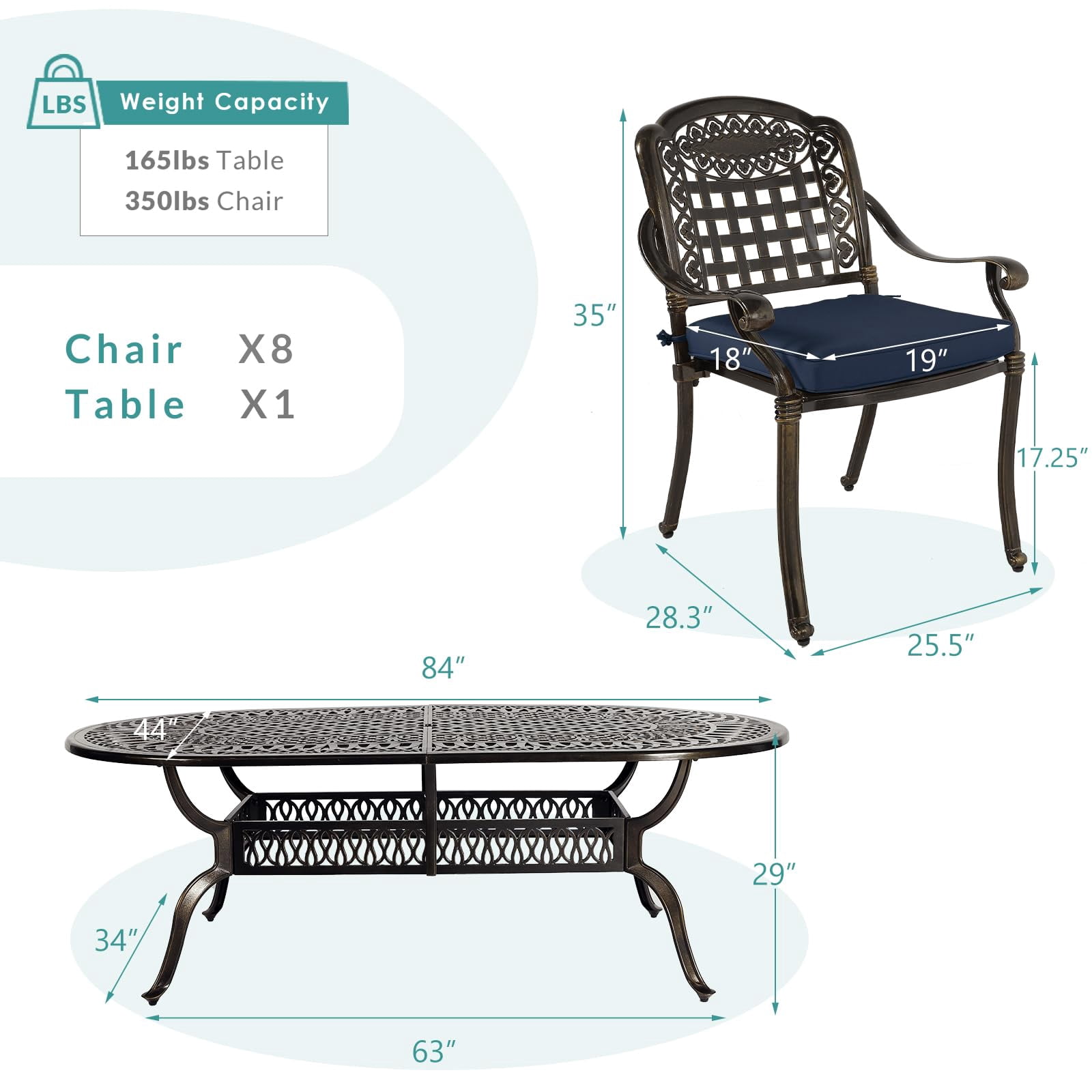 MEETWARM 9-Piece Outdoor Furniture Dining Set, All Weather Cast Aluminum Patio Garden Set with 8 Chairs, 8 Cushions, 1 Oval Table, 2.2" Umbrella Hole, Dark Bronze, Navy Blue
