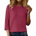 thumbnail image 2 of Chandails d'Automne Grande Taille pour Femmes Automne et Hiver Couleur Unie Col Rond Bas Rayé Ample Décontracté Manches Trois-Quarts, 2 of 5