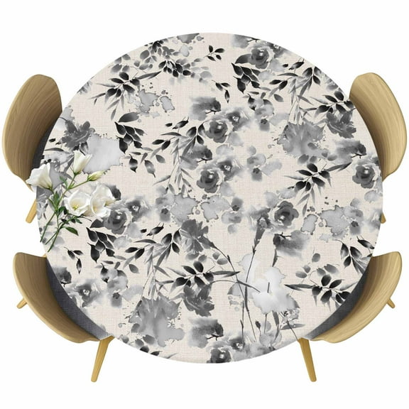 Black Grey Spring Floral Table Cloth, Round Fitted Tablecloths with Elastic Edge, Summer Botanical Watercolor Rustic Wipeable Waterproof Table Cover for Kitchen Wedding 36-44 Inches