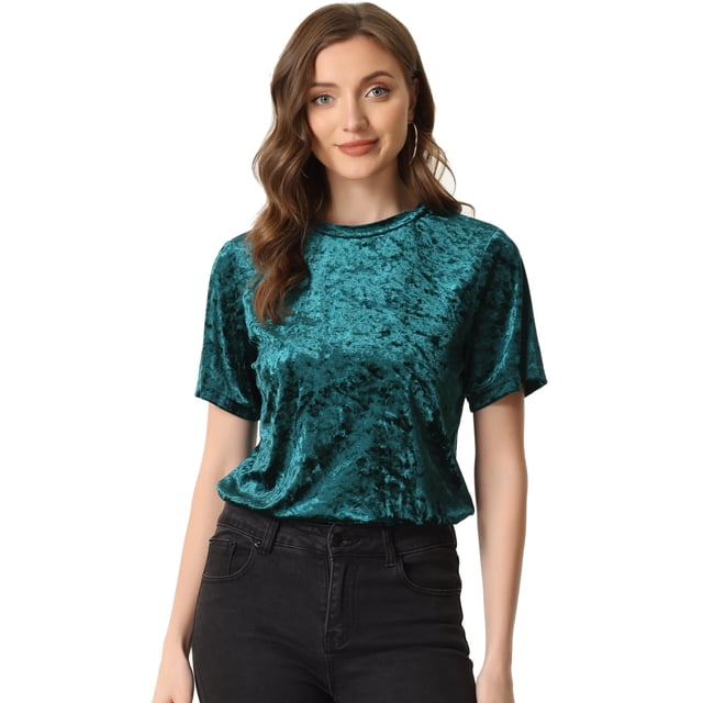 Camiseta de manga corta con cuello redondo informal de terciopelo vintage para mujer Azul verde S