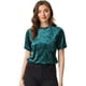 thumbnail image 1 of Camiseta de manga corta con cuello redondo informal de terciopelo vintage para mujer Azul verde S, 1 of 5