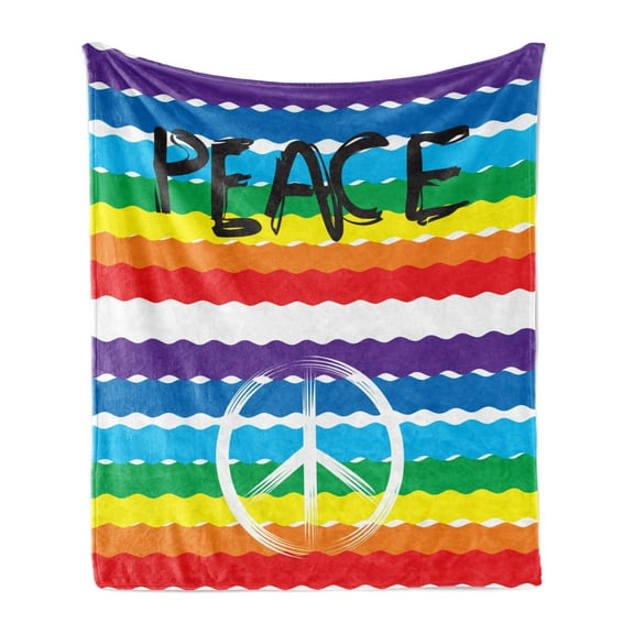 Retro Soft Flannel Fleece Throw Blanket, Modernistic Peace Typography with Circular on Wavy Rainbow Colored Stripes, Cozy Plush for Indoor and Outdoor Use, 70" x 90", Multicolor, by Ambesonne