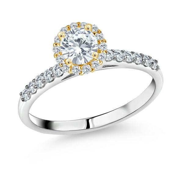 Gem Stone King 925 Sterling Silver Ring with 10K Yellow Gold Prongs G/H Lab Grown Diamond Set with Moissanite (0.79 Cttw, Size 5)