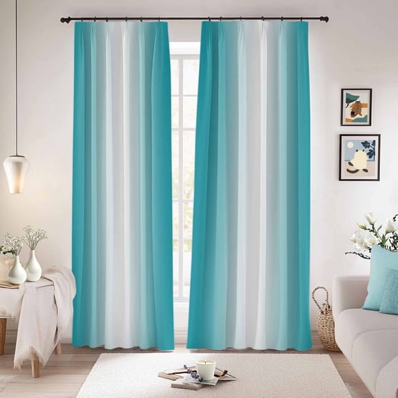 Ombre Turquoise Blackout Curtains for Bedroom/Living Room, Pinch Pleated Black Out Curtains, Gradient White Abstract Minimalist Stripe Room Darkening Window Drapes with Hooks 2 Panels, 59"x70"