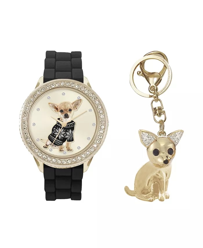 Chihuahua Dog Image Black Leather Keyring in Gift Box 