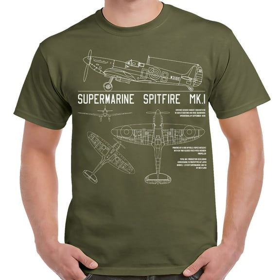Spitfire Mk.1 Military Green Schematic Adult T-Shirt-XXL