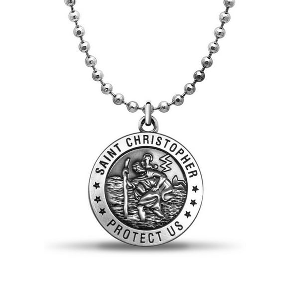Picturesongold.Com Saint Christopher Round Medal Necklace Pendants - 1.1 inch x 1.1 inch Sterling Silver