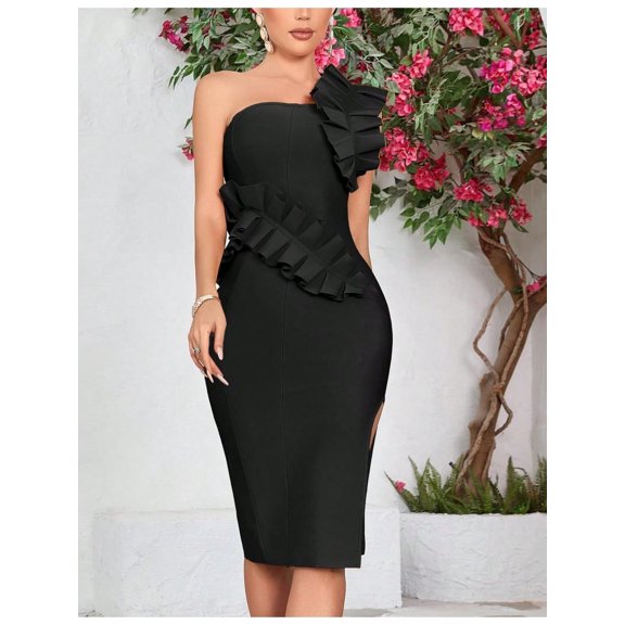Women's One Shoulder Wedding Guest Dress Side Split Bandage Bodycon Midi Cocktail Club Dresses