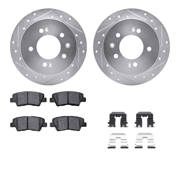 Dynamic Friction Company Rear Brake Rotors-Drilled and Slotted-Silver with 5000 Advanced Brake Pads includes Hardware 7512-03059
